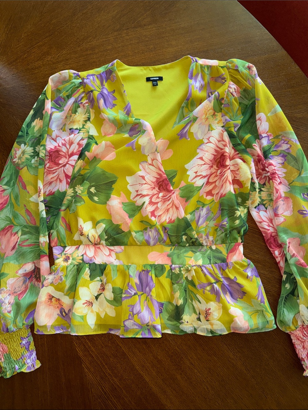 Express Floral Neon Yellowish V-Neck Peplum Blouse